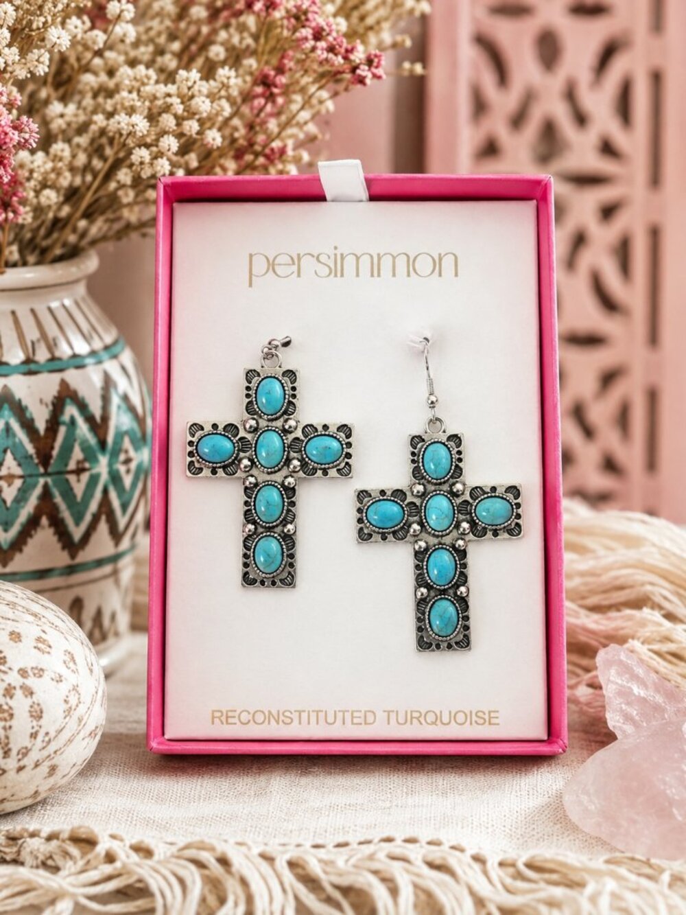 Persimmon Silver Tone Turquoise Southwestern Cross Earrings NIB